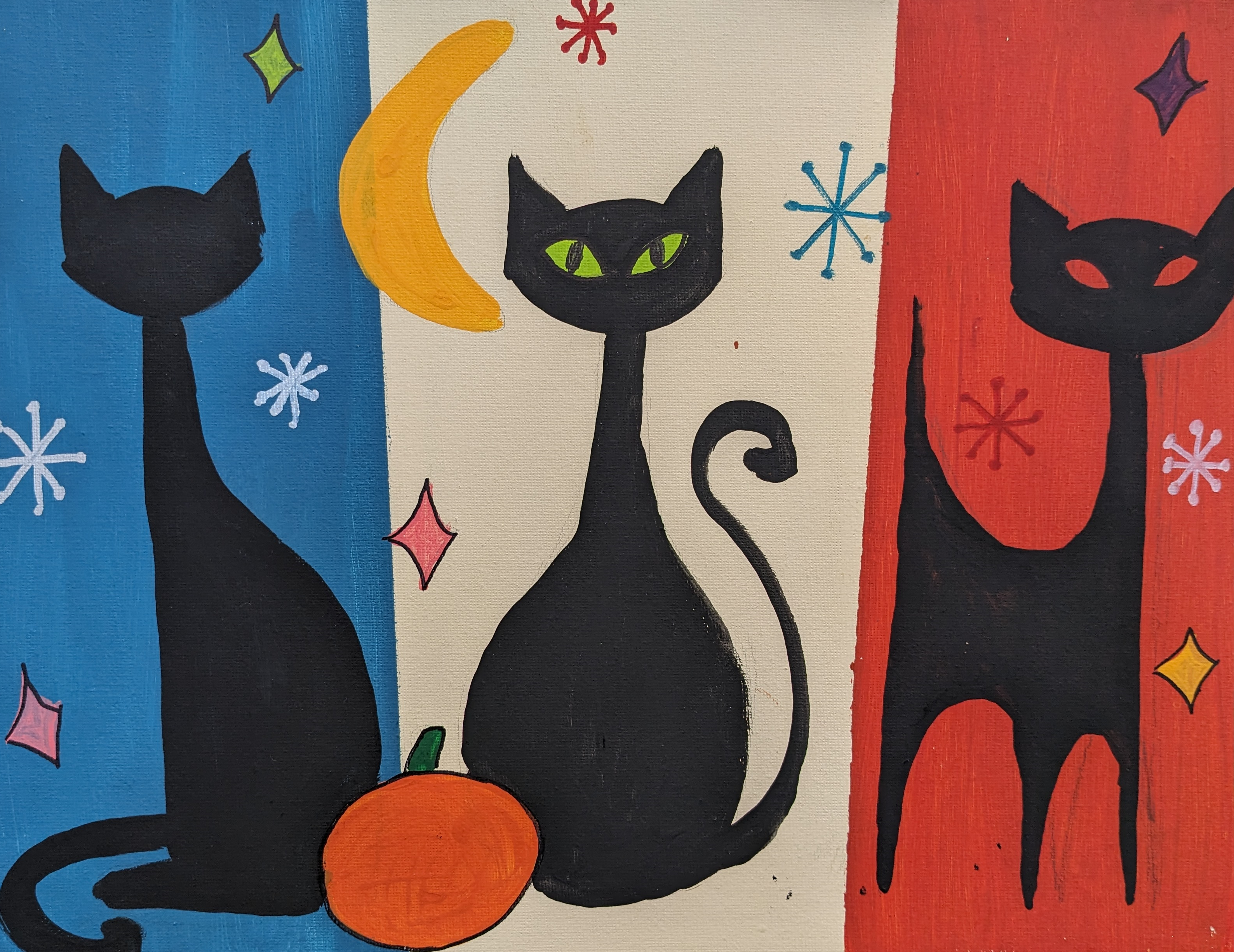 three black cats on blue, white, and orange back ground