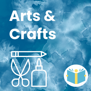 Text: Arts & Crafts, Image: graphic of scissors, pencil and glue with the library logo on a watercolor background