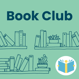 Text: Book Club, Image: graphic of bookshelves with the library logo on a green background