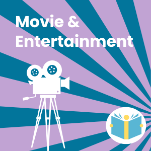 Text: Movie & Entertainment, Image: movie projector and the library logo on a purple and blue background