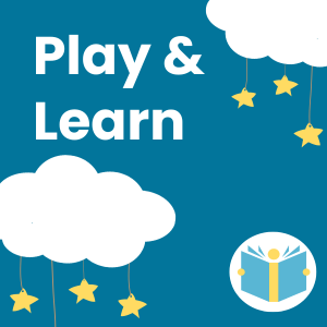 Text: Play & Learn, Image: Clouds raining stars with the library logo on a dark blue background