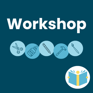 Text: Workshop, Image: graphic of tools in circles with the library logo on a navy background