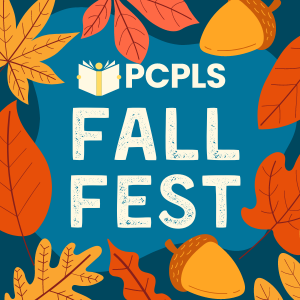 Text: PCPLS Fall Fest, Words are on a dark blue background with colorful fall leaves