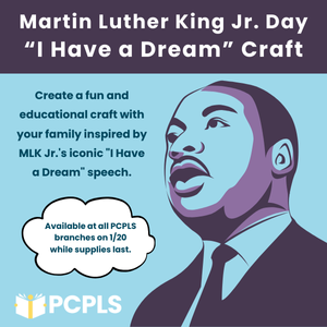 Text: Martin Luther King Jr. Day "I have a dream" Craft, Blue Background with Image of Martin Luther King Jr. 