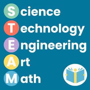 Text: STEAM vertically, Science, Technology, Engineering and Math horizontally with the library logo on a dark blue background