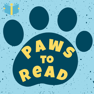 Text: Paws to Read, yellow words centered on a big blue pawprint with the PCPLS logo in the top left corner