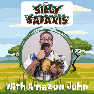 Text: Silly Safaris with Amazon John, photo of john using one of his animals tails as a mustacheon a safari landscape background